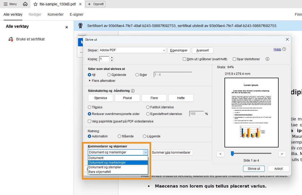 Acrobat-utskriftsdialogboks med rullegardinmenyen «Kommentarer og skjemaer» utvidet, som viser alternativer for å skrive ut dokumentet med markeringer, stempler eller skjemafelter.