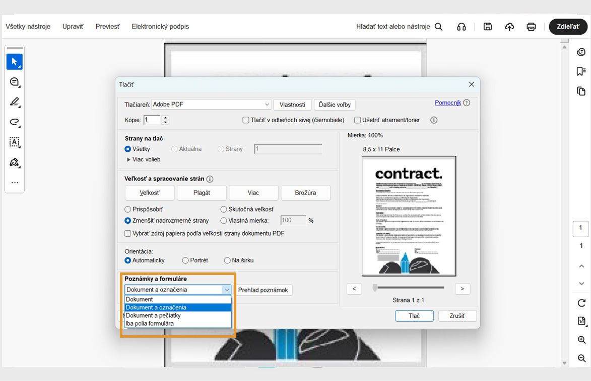 &quot;Dialógové okno Tlač programu Acrobat s rozbalenými možnosťami „Komentáre a formuláre&quot;, zobrazujúce možnosti tlače dokumentu so značkami, pečiatkami alebo poliami formulára.