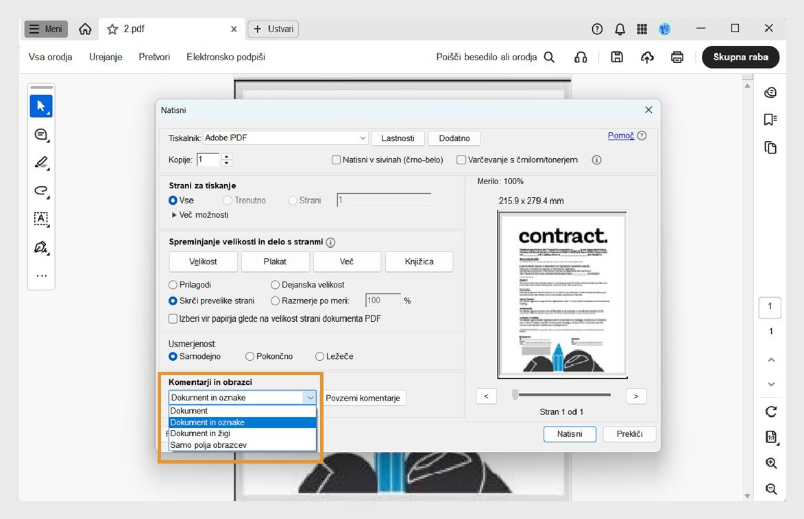 Pogovorno okno za tiskanje v programu Acrobat z razširjenim spustnim menijem »Komentarji in obrazci«, ki prikazuje možnosti za tiskanje dokumenta z oznakami, žigi ali polji obrazca.