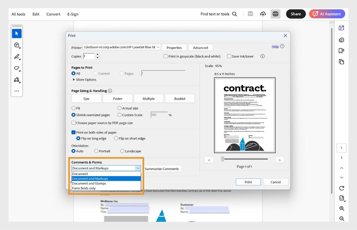 مربع حوار الطباعة في Acrobat مع توسيع القائمة المنسدلة &quot;التعليقات والنماذج&quot;، يعرض خيارات لطباعة المستند مع العلامات أو الأختام أو حقول النموذج.