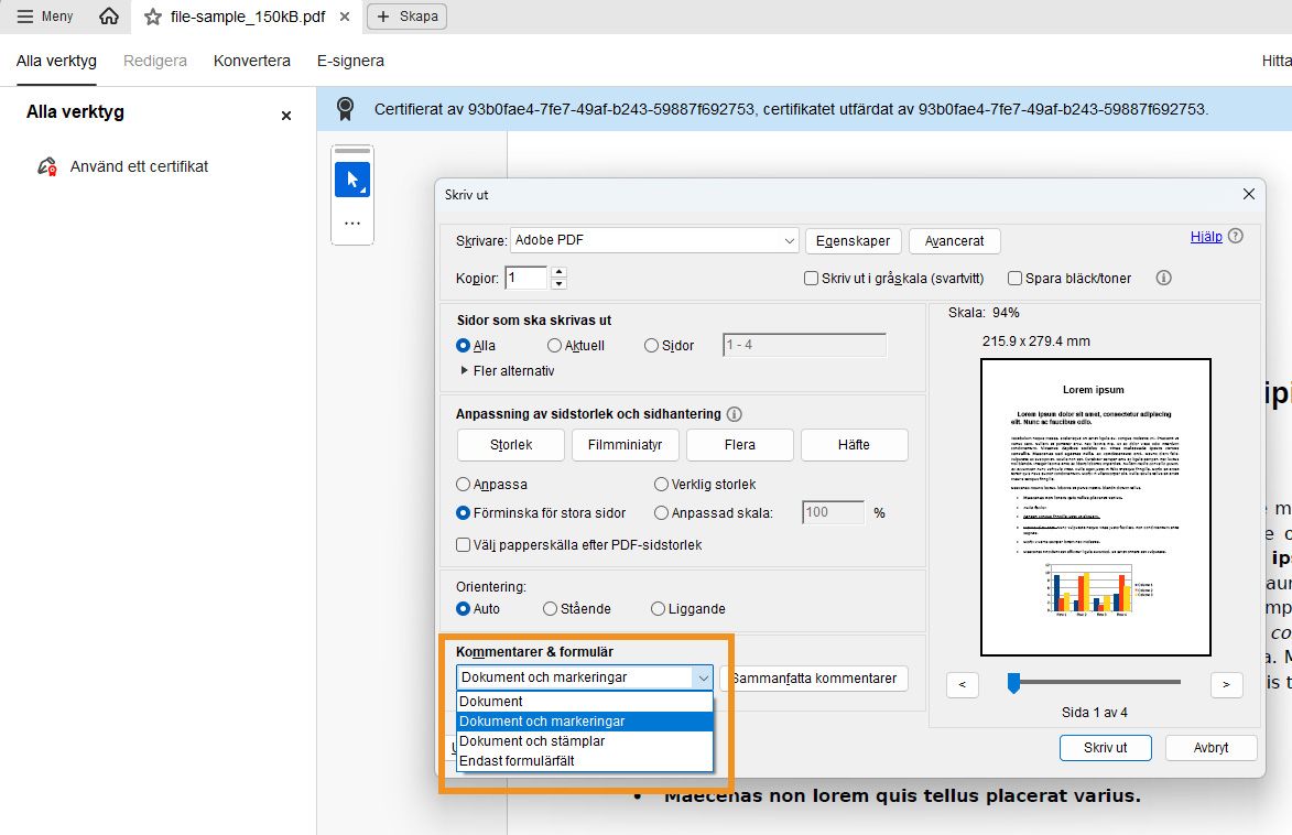 Acrobat utskriftsdialog med rullgardinsmenyn Kommentarer och formulär expanderad, som visar alternativ för att skriva ut dokumentet med markeringar, stämplar eller formulärfält.