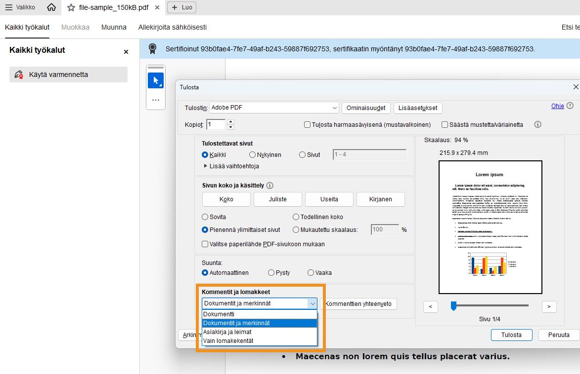 Acrobatin Tulosta-valintaikkuna, jossa ”Kommentit ja lomakkeet” -pudotusvalikko on laajennettu ja siinä näkyvät vaihtoehdot asiakirjan tulostamiseen merkintöjen, leimojen tai lomakekenttien kanssa.