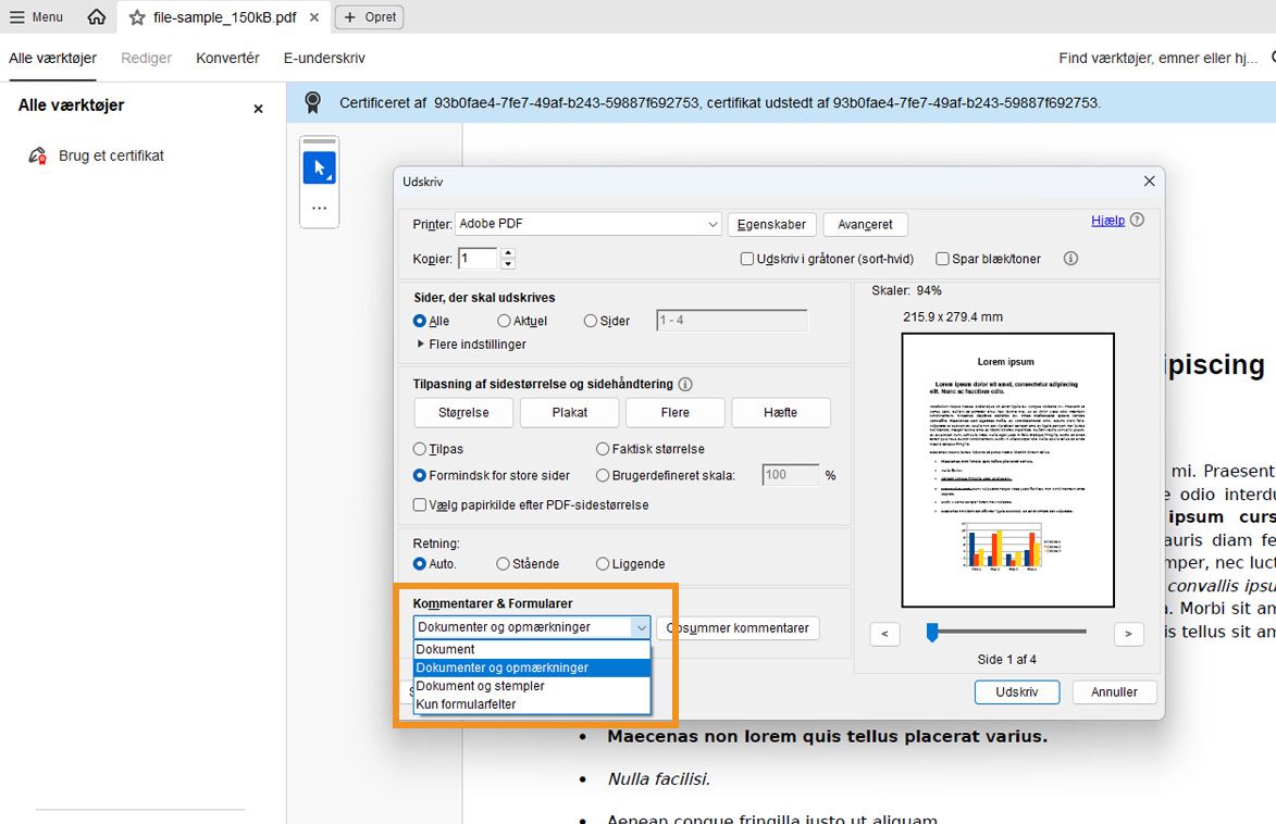 Acrobat-udskrivningsdialog med rullemenuen &quot;Kommentarer og formularer&quot; udvidet, der viser muligheder for at udskrive dokumentet med markeringer, stempler eller formularfelter.