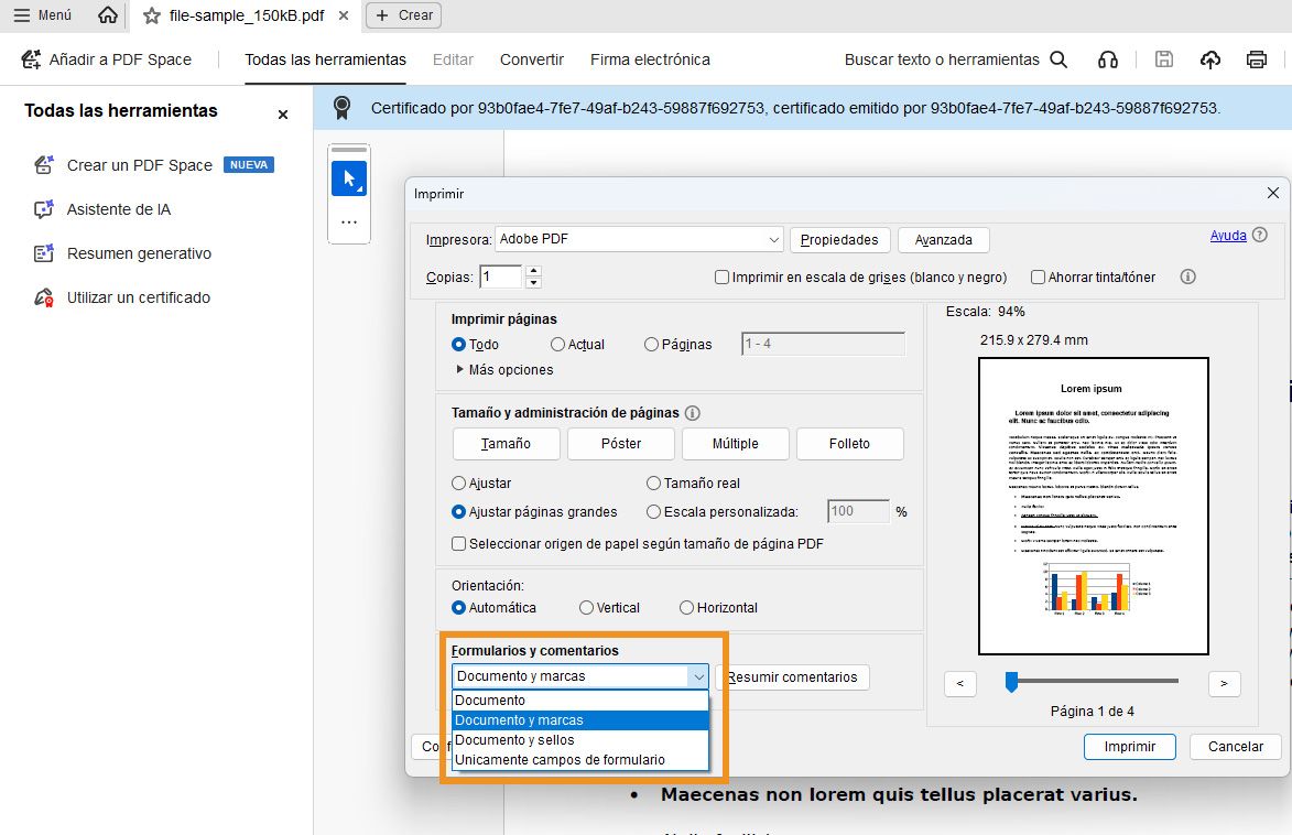 Cuadro de diálogo Imprimir de Acrobat con el menú desplegable &quot;Comentarios y formularios&quot; expandido, que muestra las opciones para imprimir el documento con marcas, sellos o campos de formulario.