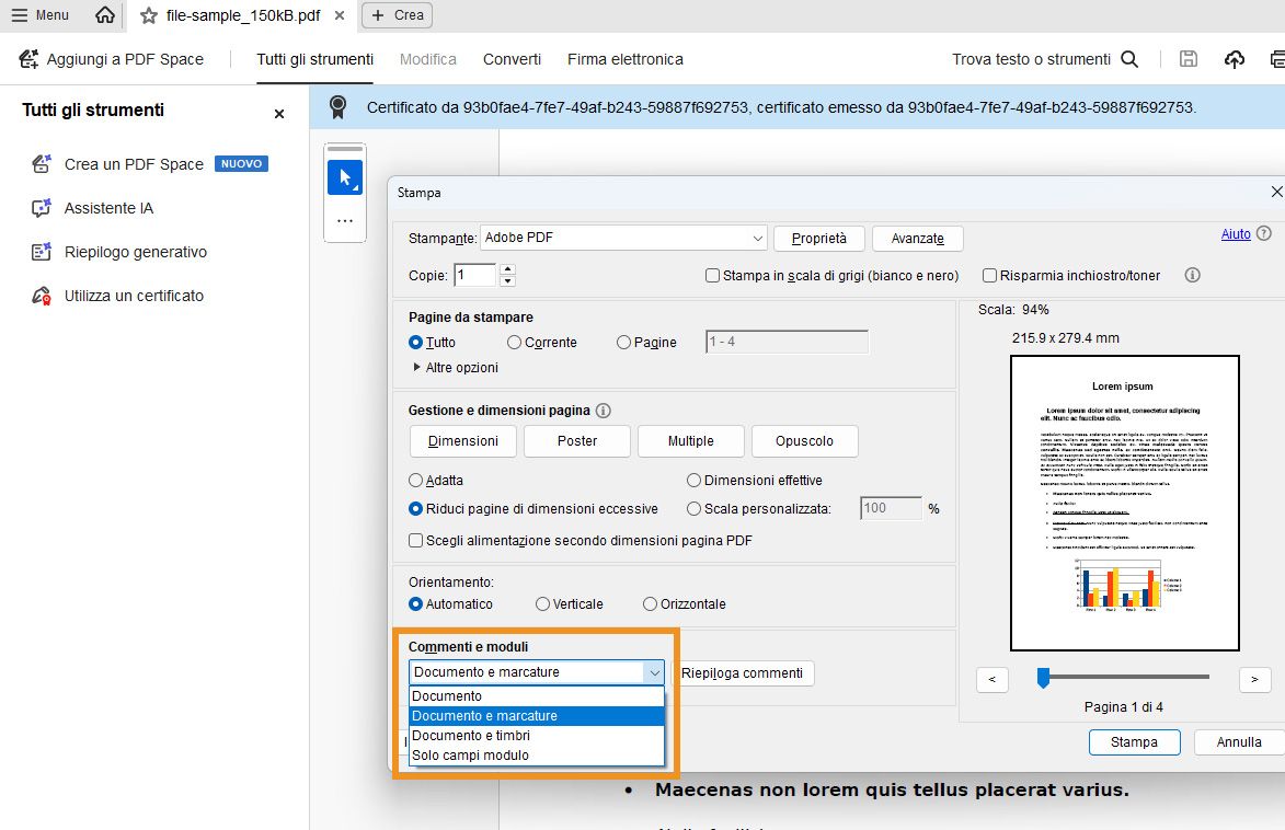 Finestra di dialogo Stampa di Acrobat con il menu a discesa &quot;Commenti e moduli&quot; espanso, che mostra le opzioni per stampare il documento con marcature, timbri o campi modulo.