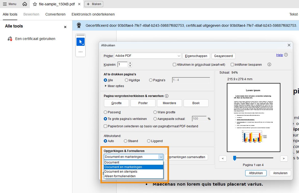 Acrobat-afdrukvenster met het vervolgkeuzemenu Opmerkingen en formulieren uitgeklapt, met opties om het document af te drukken met markeringen, stempels of formuliervelden.