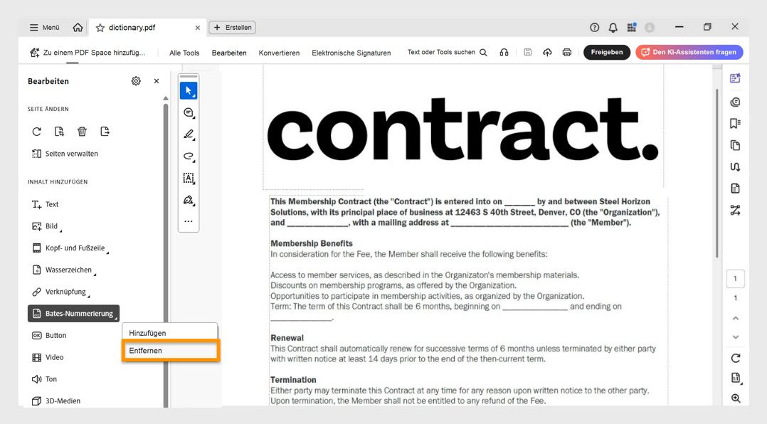 Die Acrobat Pro-Benutzeroberfläche zeigt das Menü für Bates-Nummerierung mit hervorgehobener Option „Entfernen&quot; zum Löschen vorhandener Bates-Nummern.