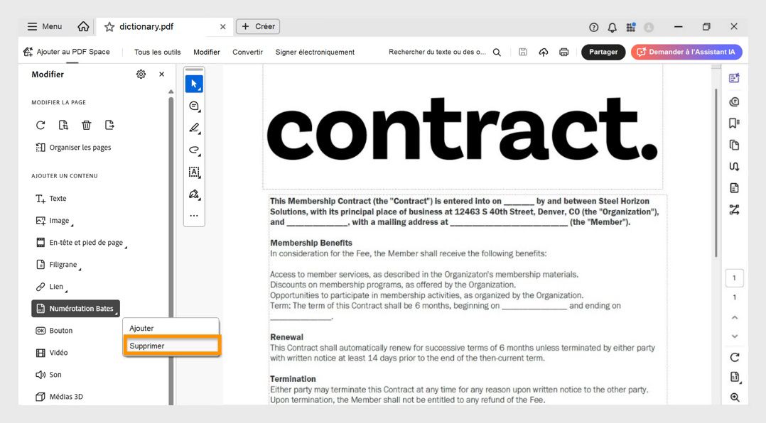 Interface d’Acrobat Pro montrant le menu de numérotation Bates avec l’option Supprimer mise en évidence pour effacer les numéros Bates existants.