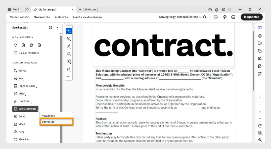 Az Acrobat Pro felülete a Bates-számozás menüjét mutatja, ahol a Eltávolítás opció ki van emelve a meglévő Bates-számok törléséhez.