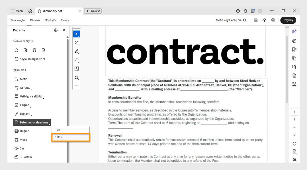 Mevcut Bates numaralarını silmek için Kaldır seçeneğinin vurgulandığı Bates numaralandırma menüsünü gösteren Acrobat Pro arayüzü.