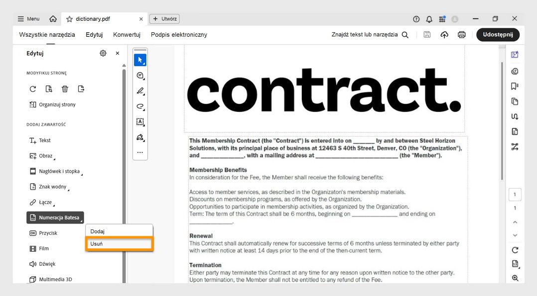 Interfejs programu Acrobat Pro przedstawiający menu numeracji Batesa z podświetloną opcją Usuń do usuwania istniejącej numeracji Batesa.