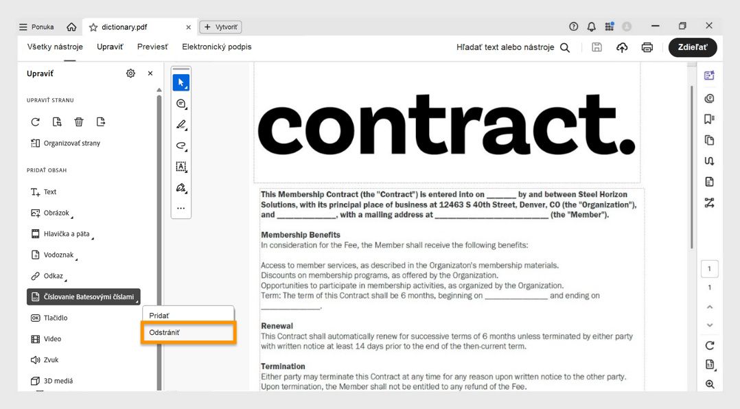 Rozhranie programu Acrobat Pro zobrazujúce ponuku Batesovho číslovania s zvýraznenou možnosťou Odstrániť na vymazanie existujúcich Batesových čísel.