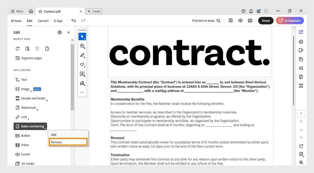 واجهة Acrobat Pro تعرض قائمة ترقيم Bates مع تمييز خيار الإزالة لحذف أرقام Bates الموجودة.