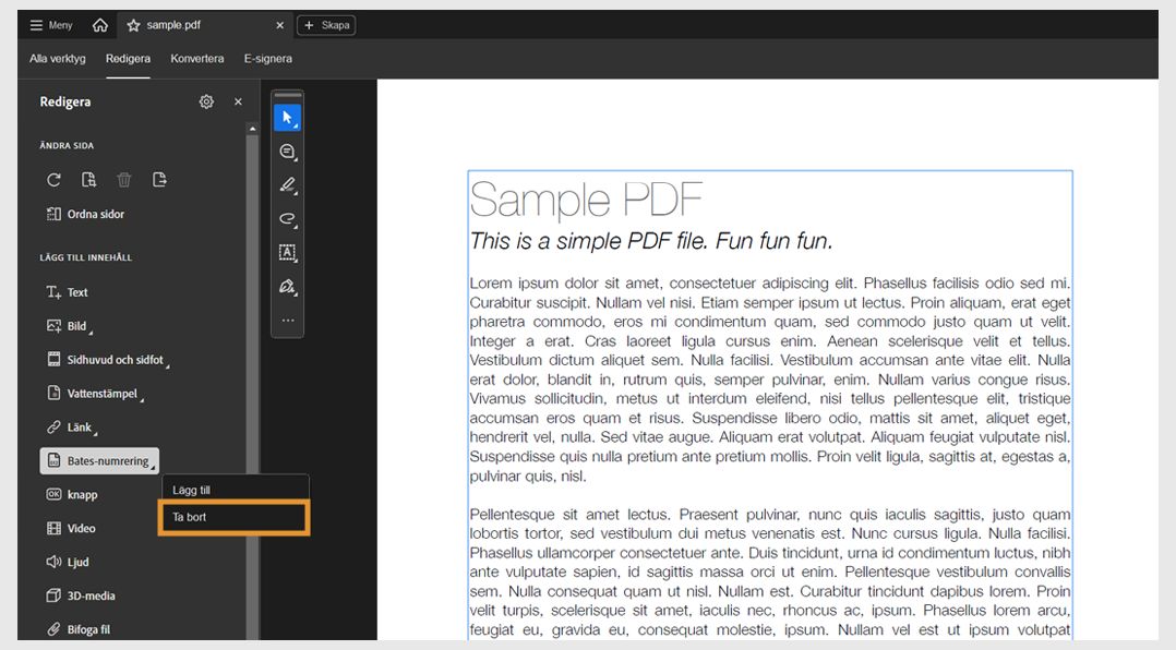 Acrobat Pro-gränssnittet visar Bates-numreringsmenyn med alternativet Ta bort markerat för att ta bort befintliga Bates-nummer.