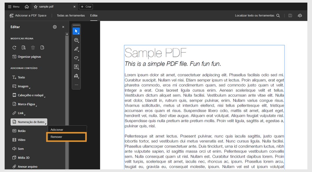 Interface do Acrobat Pro mostrando o menu de numeração Bates com a opção Remover destacada para excluir números Bates existentes.