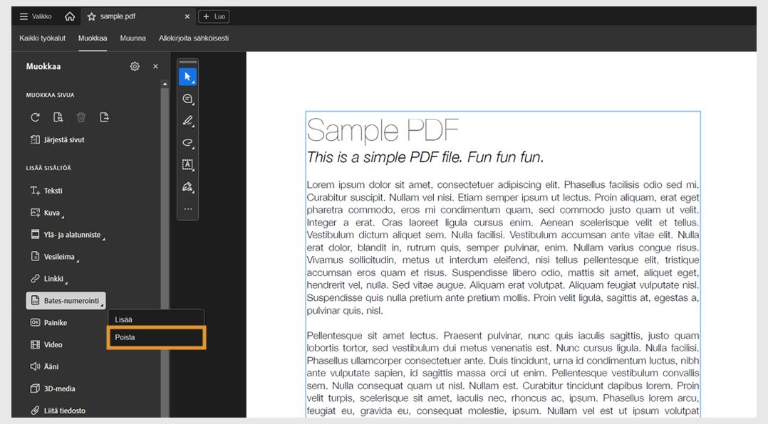 Acrobat Pro -käyttöliittymä, jossa näkyy Bates-numerointivalikko ja Poista-vaihtoehto on korostettu olemassa olevien Bates-numeroiden poistamista varten.