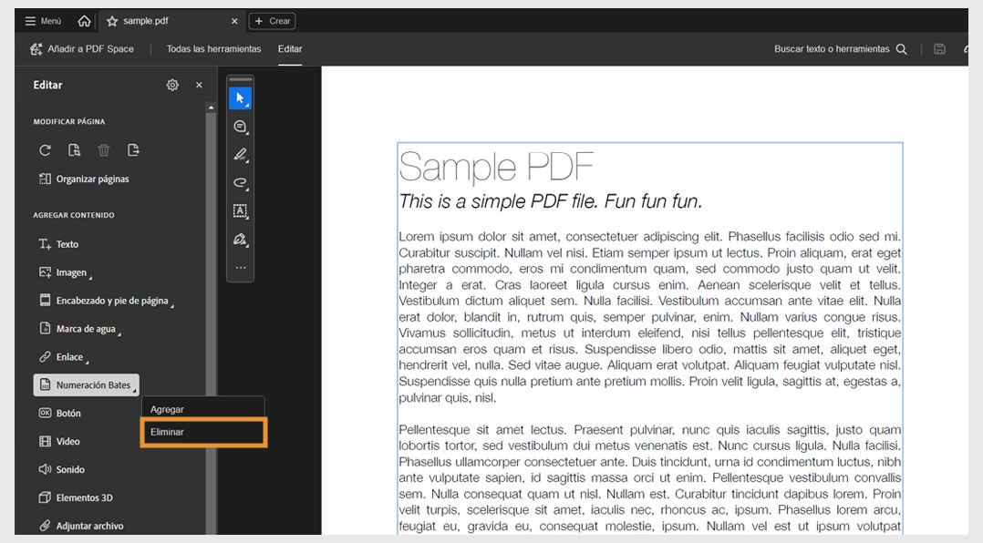 Interfaz de Acrobat Pro que muestra el menú de numeración Bates con la opción Eliminar resaltada para borrar los números Bates existentes.