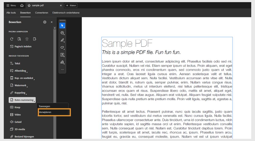 Acrobat Pro-interface met het menu Bates-nummering waarin de optie Verwijderen is gemarkeerd voor het verwijderen van bestaande Bates-nummers.