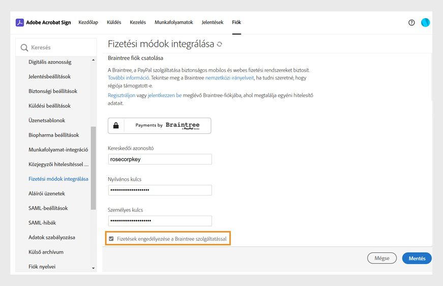 Az Acrobat Sign Fizetési integrálása oldal a fiók adatait mutatja, és kiemelve a „Fizetések letiltása a Braintree szolgáltatással” jelölőnégyzetet. 