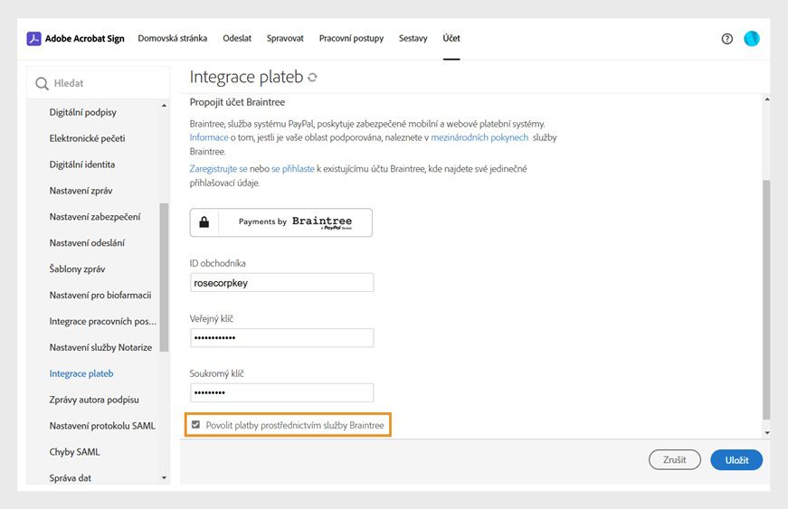 Na stránce integrace plateb služby Acrobat Sign se zobrazí podrobnosti účtu a zaškrtávací políčko „Zakázat platby prostřednictvím služby Braintree“, které je zvýrazněno. 