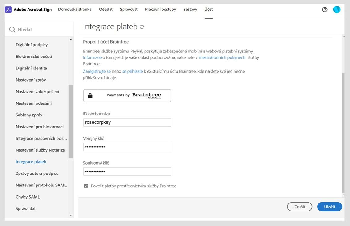 Na stránce integrace plateb služby Acrobat Sign se zobrazují možnosti pro poskytování a ukládání nových informací o obchodníkovi za účelem aktualizace online inkasování plateb.