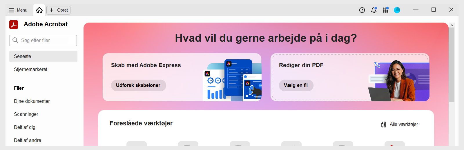 Acrobat Studio-startside, der viser promptlinjen med muligheder for Doc Q&A, Find værktøj, Generér præsentation, Søg i filer og Gennemgå skabeloner.
