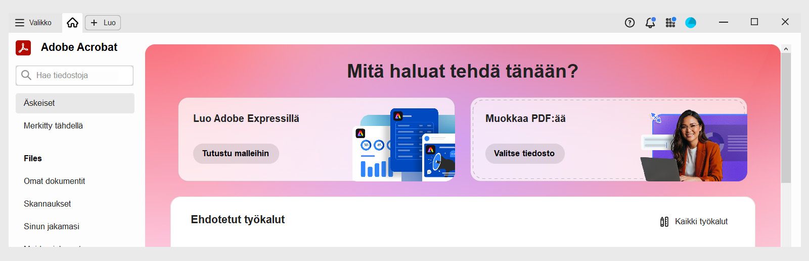 Acrobat Studion kotisivu, jossa näkyy kehotepalkki, jossa on valinnat toiminnoille Doc Q&A, Hae työkalu, Luo esitys, Hae teidostoja ja Tutki malleja.