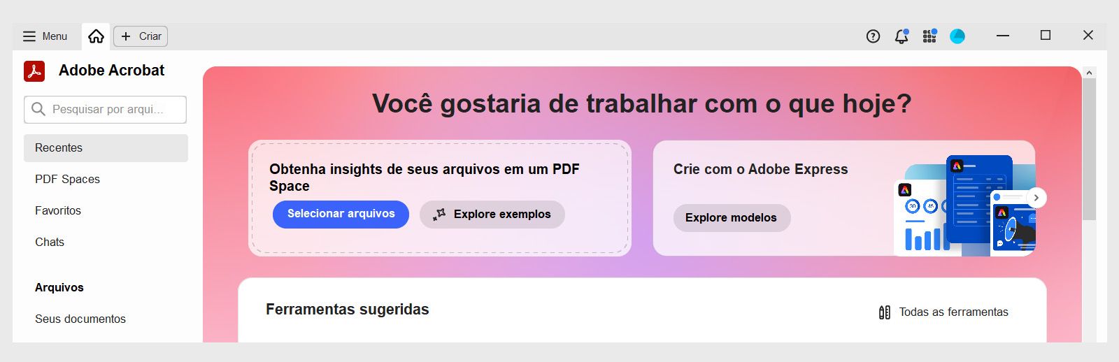 Página inicial do Acrobat Studio mostrando a barra de prompt com as opções para o Doc Q&A (Localizar ferramentas, Gerar apresentação, Pesquisar arquivos e Explorar modelos).