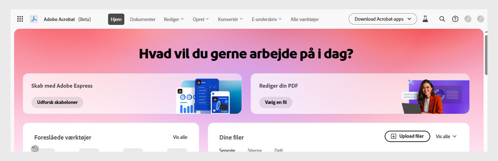 Startsiden for Acrobat Studio til internet viser promptlinjen med muligheder for Doc Q&A, Find værktøjer, Generér præsentation, Søg i filer og Udforsk skabeloner.