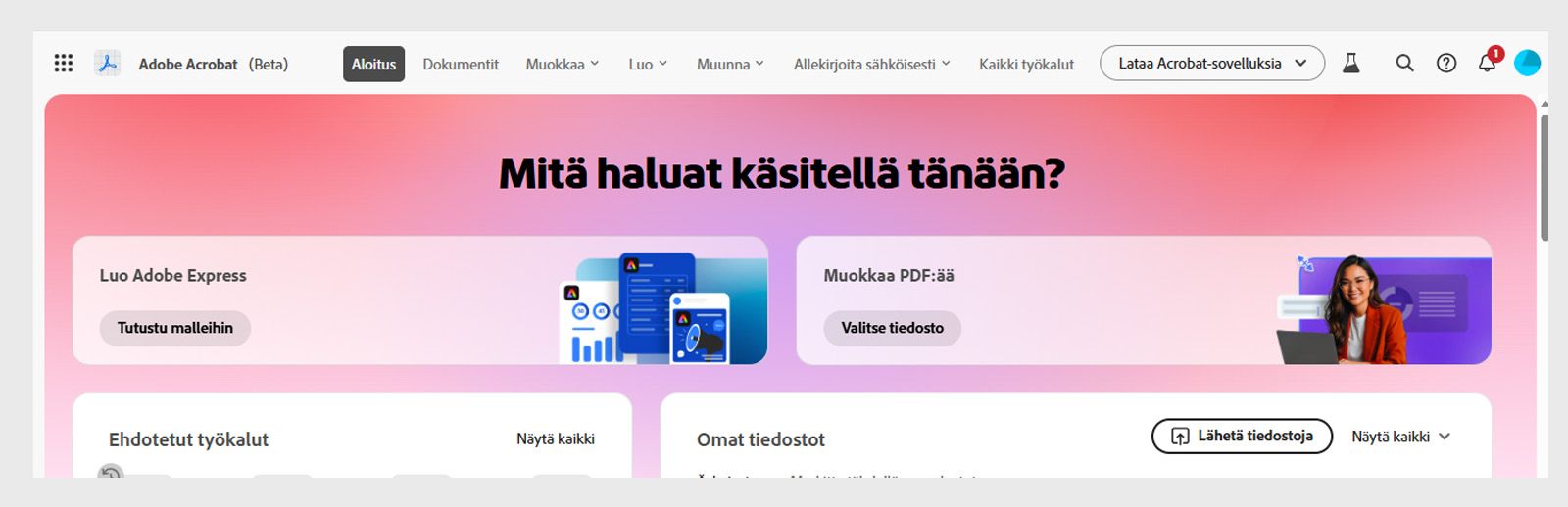 Acrobat Studion kotisivu, jossa näkyy kehotepalkki valinnoilla toiminnoille Doc Q&A, Etsi työkaluja, Luo esitys, Hae tiedostot ja Tutustu malleihin.