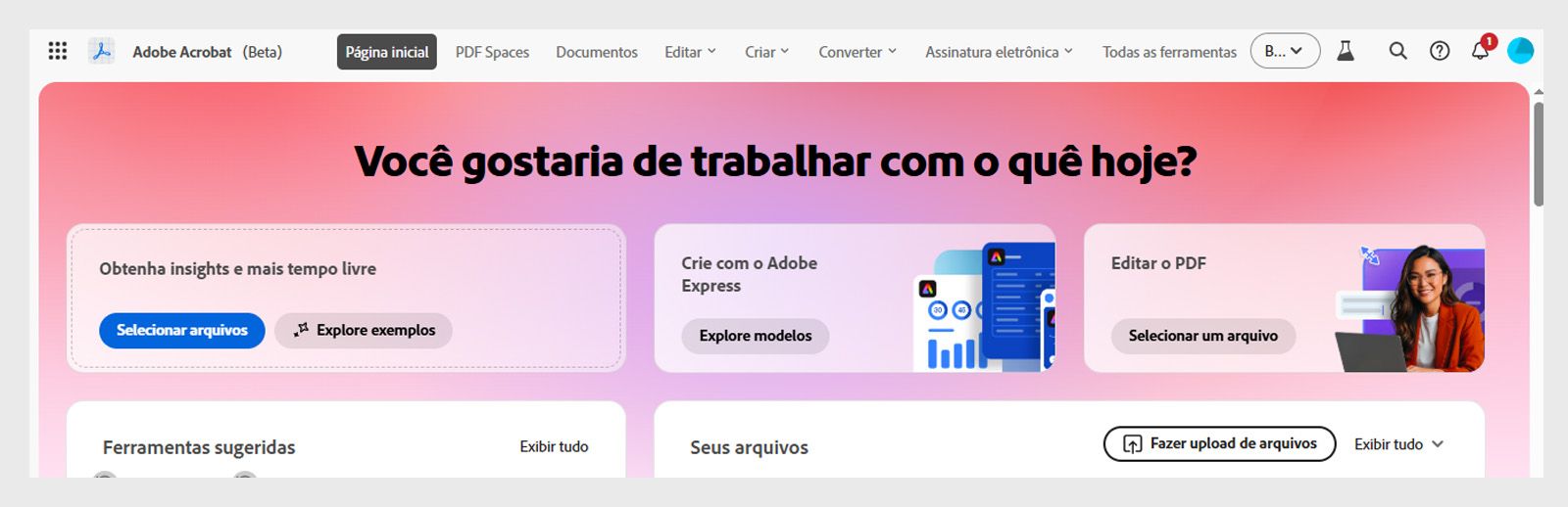 Página inicial do Acrobat Studio na web mostrando a barra de prompt com as opções do Doc Q&A (Localizar ferramentas, Gerar apresentação, Pesquisar arquivos e Explorar modelos).