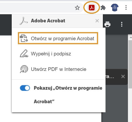 Otwieranie w programie Acrobat za pośrednictwem rozszerzenia