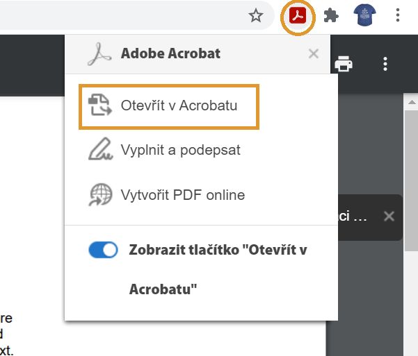 Otevření v aplikaci Acrobat přes rozšíření v prohlížeči