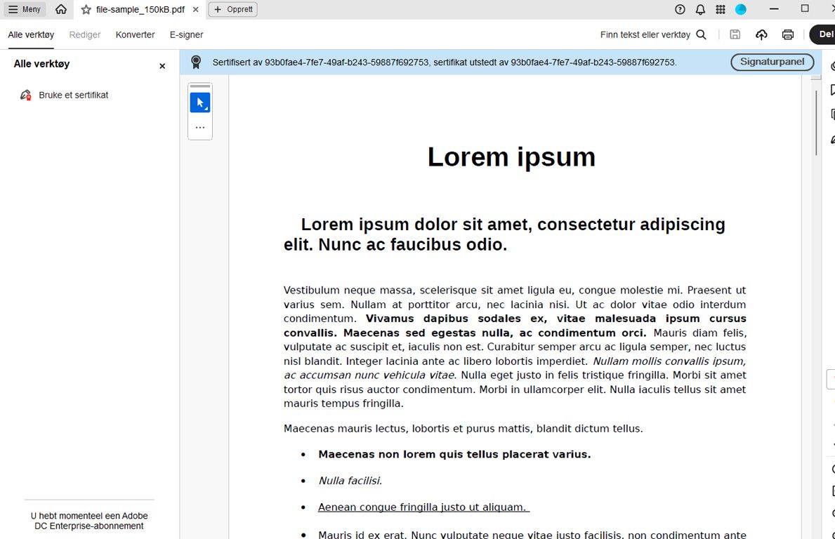 Acrobat viser en signert kontrakt med sertifiseringsdetaljer øverst og alternativer for filaktivitet i høyre panel.