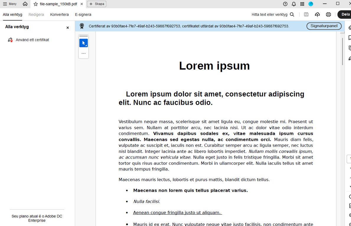 Acrobat visar ett signerat kontrakt med certifieringsdetaljer överst och alternativ för filaktivitet i panelen till höger.