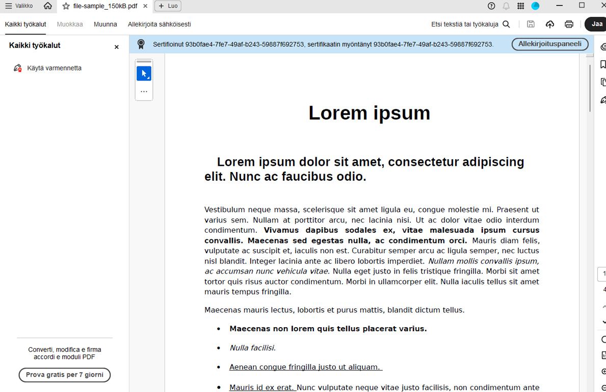Acrobat näyttää allekirjoitetun sopimuksen, jossa on varmennustiedot ylhäällä ja tiedoston toimintovaihtoehdot oikeassa paneelissa.
