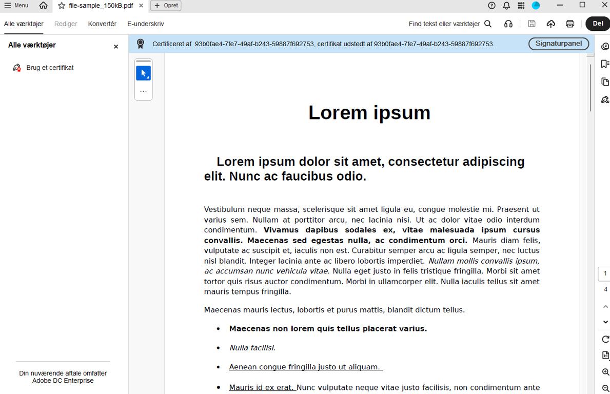 Acrobat viser en underskrevet kontrakt med certificeringsoplysninger øverst og filaktivitetsmuligheder i højre panel.