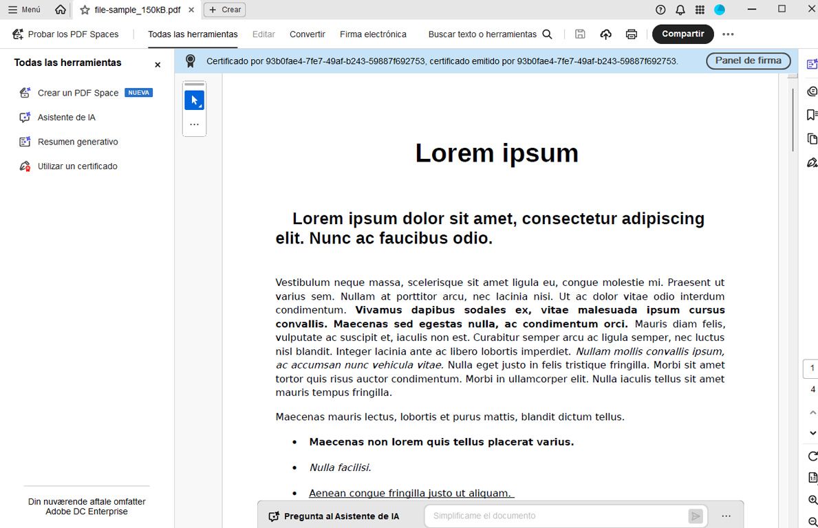 Acrobat muestra un contrato firmado con detalles de certificación en la parte superior y opciones de actividad del archivo en el panel derecho.