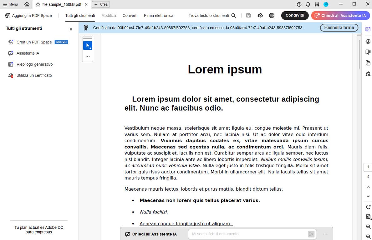Acrobat che mostra un contratto firmato con i dettagli di certificazione in alto e le opzioni di attività del file nel pannello di destra.