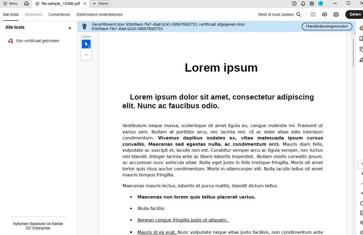 Acrobat toont een ondertekend contract met certificeringsdetails bovenaan en opties voor bestandsactiviteit in het rechterdeelvenster.