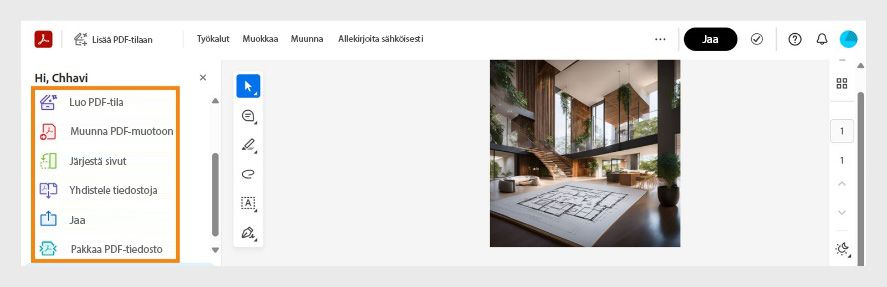 Acrobat näyttää ladatun kuvan ja vasemman paneelin vaihtoehdot kuvan lisäämiseksi PDF-tilaan, muuntamiseksi PDF-muotoon, jakamiseksi tai yhdistämiseksi muiden tiedostojen kanssa.