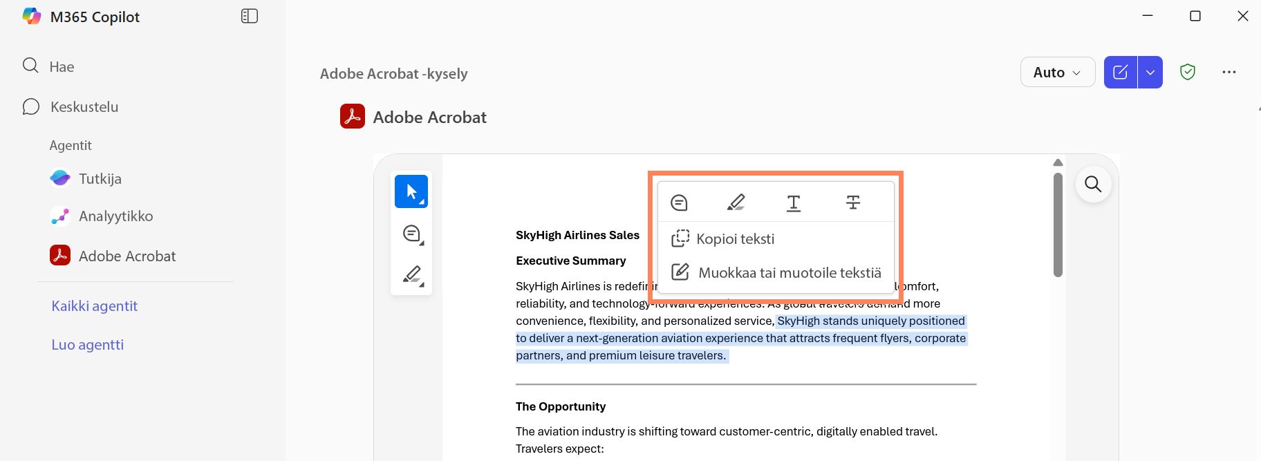 Acrobat for Copilot -editori näyttää PDF-editorin ruudun, jossa on korostettu teksti ja pikavalikkovaihtoehdot merkintöjen lisäämiseksi.