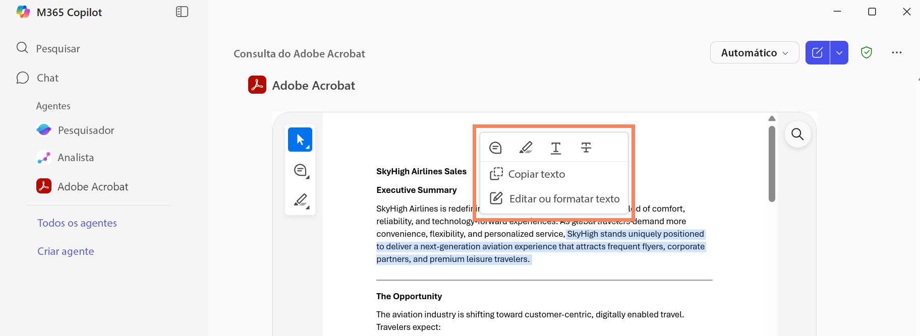 O editor do Acrobat para Copilot mostra o painel do editor PDF com texto realçado e opções do menu de contexto para adicionar anotações.