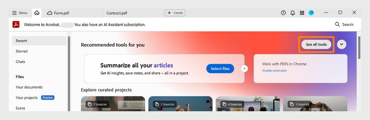 Acrobat home screen na may naka-highlight na See all tools button sa kanang itaas para ma-access ang lahat ng feature.