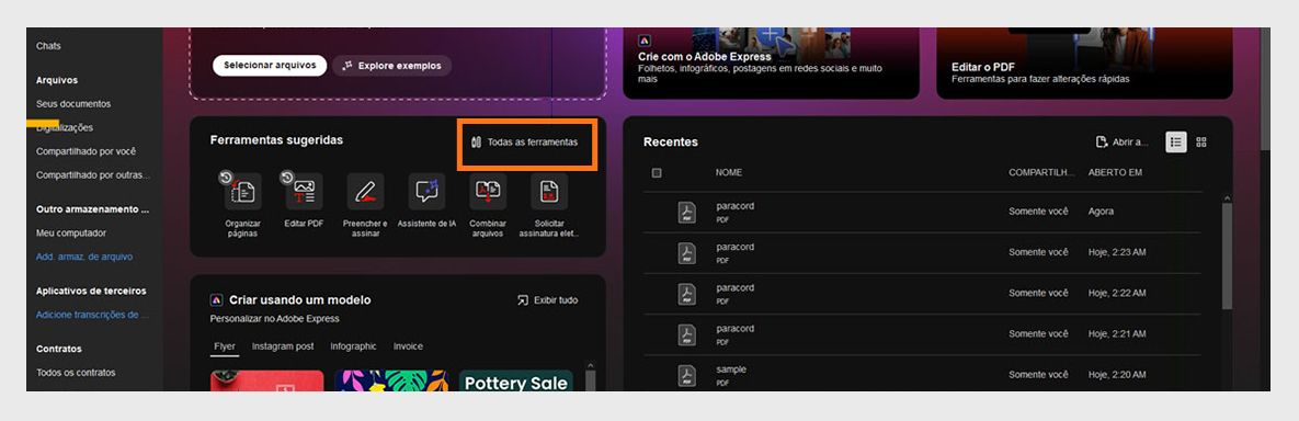 Tela inicial do Acrobat com o botão Ver todas as ferramentas destacado no canto superior direito para acessar todos os recursos.