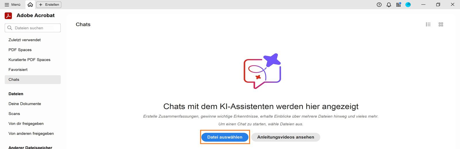 Die Acrobat-Startansicht zeigt die hervorgehobene Option „Dateien auswählen&quot; unter „Empfohlene Tools für dich&quot;, mit der Benutzer Dateien hinzufügen und den KI-Assistenten verwenden können.