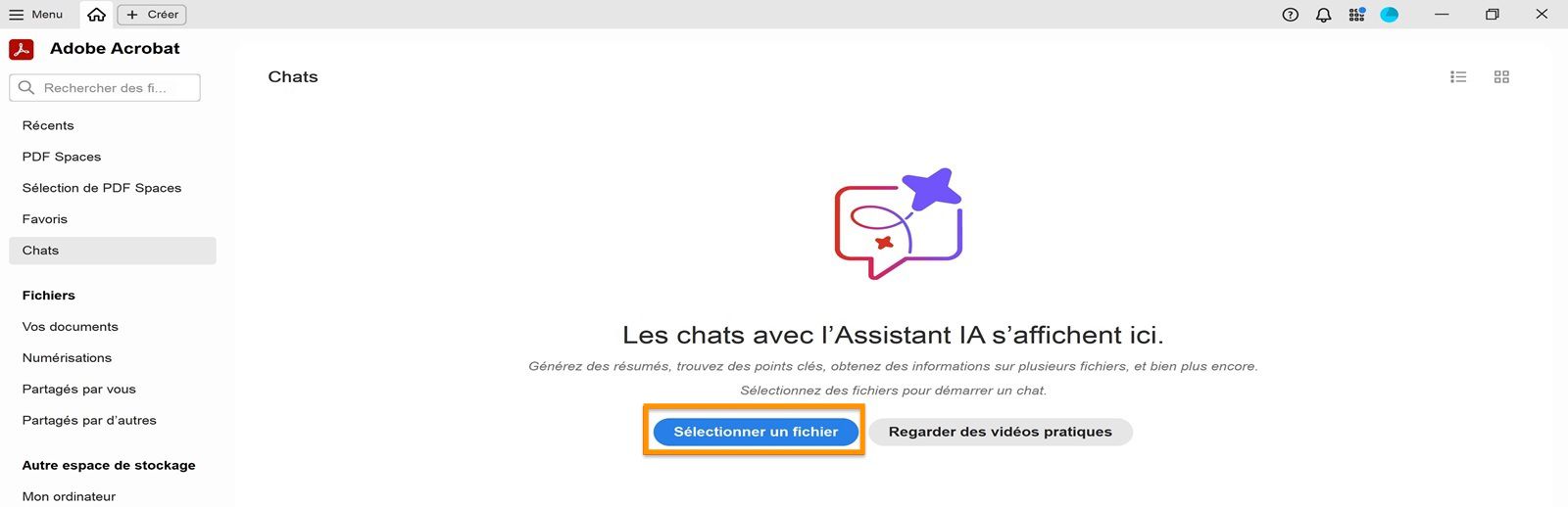 La page d’accueil d’Acrobat présente la section Outils recommandés pour vous sous laquelle l’option Sélectionner des fichiers est mise en évidence. Cette dernière permet aux utilisateurs d’ajouter des fichiers et d’utiliser l’Assistant IA.