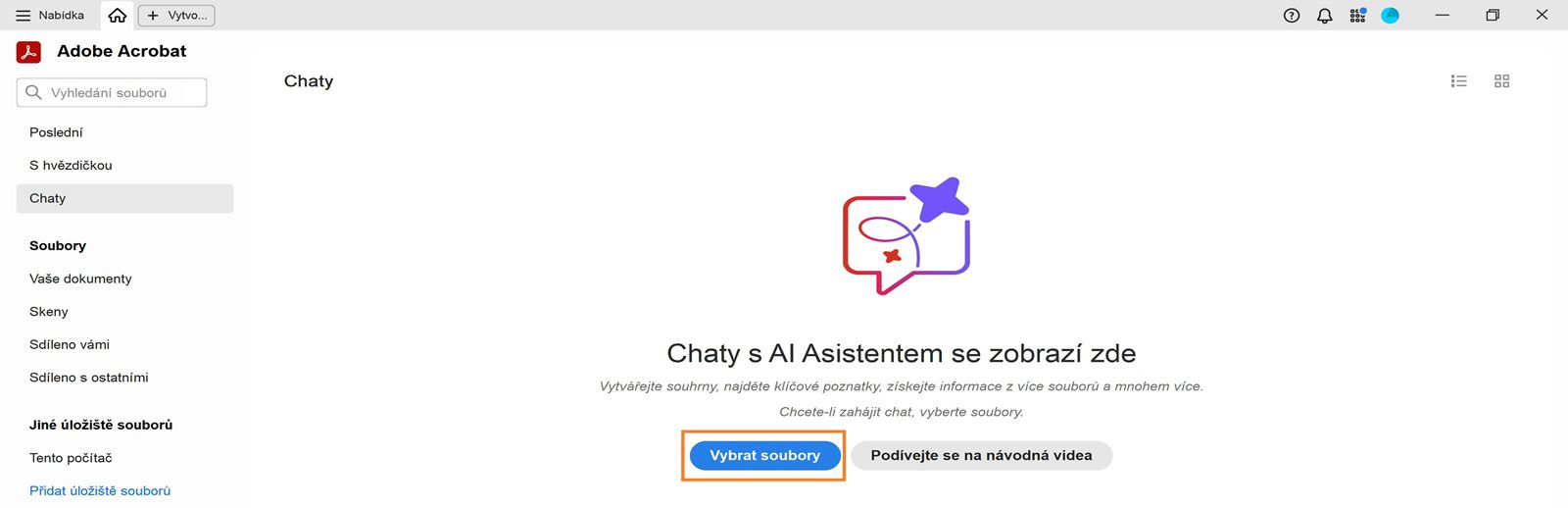 Úvodní obrazovka aplikace Acrobat zobrazuje zvýrazněnou možnost Vybrat soubory v sekci Doporučené nástroje pro vás, která uživatelům umožňuje přidat soubory a použít AI Asistent.