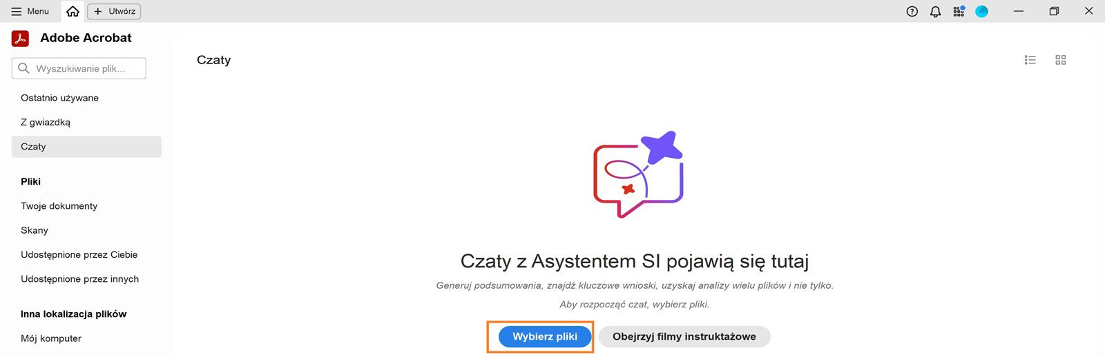 Widok strony głównej programu Acrobat z podświetloną opcją Wybierz pliki w sekcji Polecane narzędzia, umożliwiającą użytkownikom dodawanie plików i korzystanie z Asystenta SI.