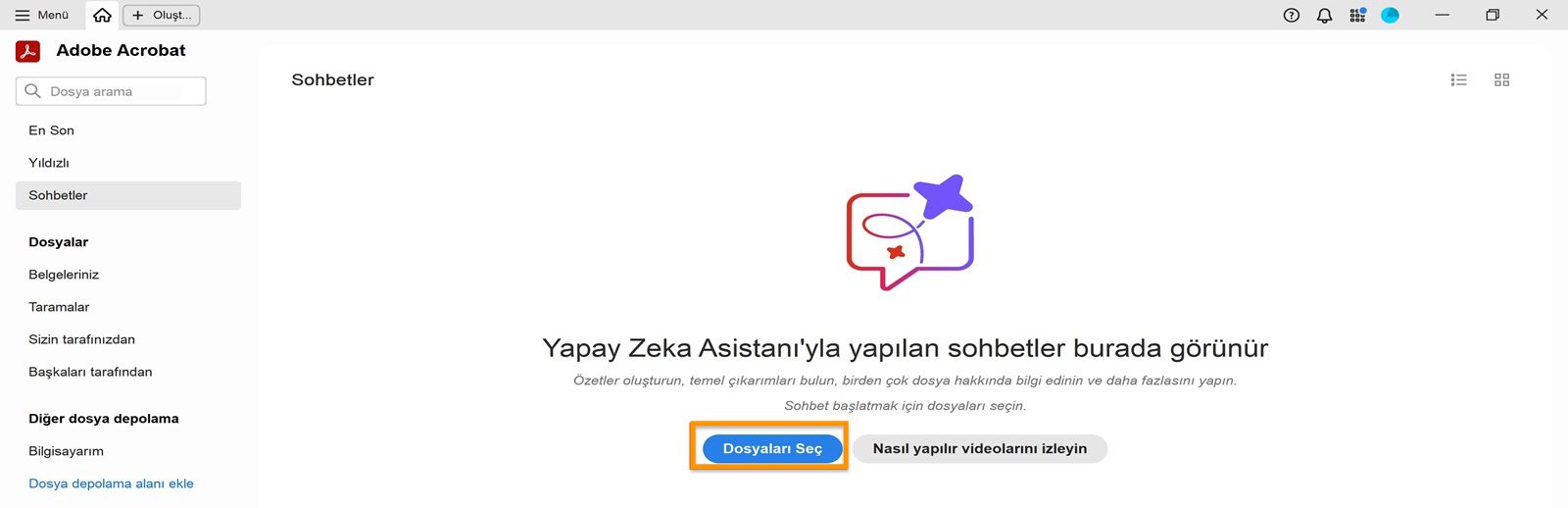 Acrobat ana sayfa görünümü, kullanıcıların dosya eklemesine ve Yapay Zeka Asistanını kullanmasına olanak tanıyan Size önerilen araçlar altında vurgulanmış Dosya seç seçeneğini gösterir.